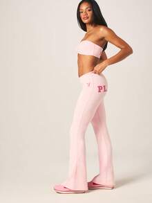 Missguided x Playboy Light Pink One Shoulder Asymmetric Crop Top And High Rise Flared Leggings Set With Print - Pink - View 5