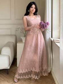 Joudiya Đầm midi hoa nhí thêu màu hồng bằng vải organza, thanh lịch cho mùa xuân và mùa hè, thích hợp cho Ngày Valentine, đám cưới, tiệc tùng, các dịp trang trọng, thời trang, đi làm, eo ôm, tay xòe, kiểu đầm chống nắng dành cho nữ. - Hồng - Xem 6