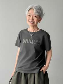 FRIFUL 女士纯灰色字母印花水钻装饰宽松休闲百搭棉质T恤 - 灰色 - 查看 3
