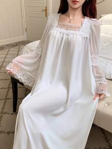 DAZY Romantic Lace Patchwork Princess Style Sweet Women Nightgown Pajamas - White - View 4
