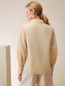 Anewsta Spring/Summer New Hollow Lace Patchwork Embroidered Butterfly Polo Collar Long Sleeve Sheer Lightweight Women Shirt - Apricot - View 7