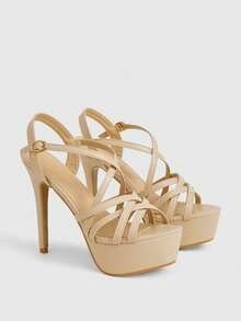 CUCCOO LuxiPop 女士鞋履春夏新款交叉绑带细高跟露跟搭扣13厘米女士高跟凉鞋性感夜店风T台PU材质纯色4厘米防水桌布 - 杏色E - 查看 4