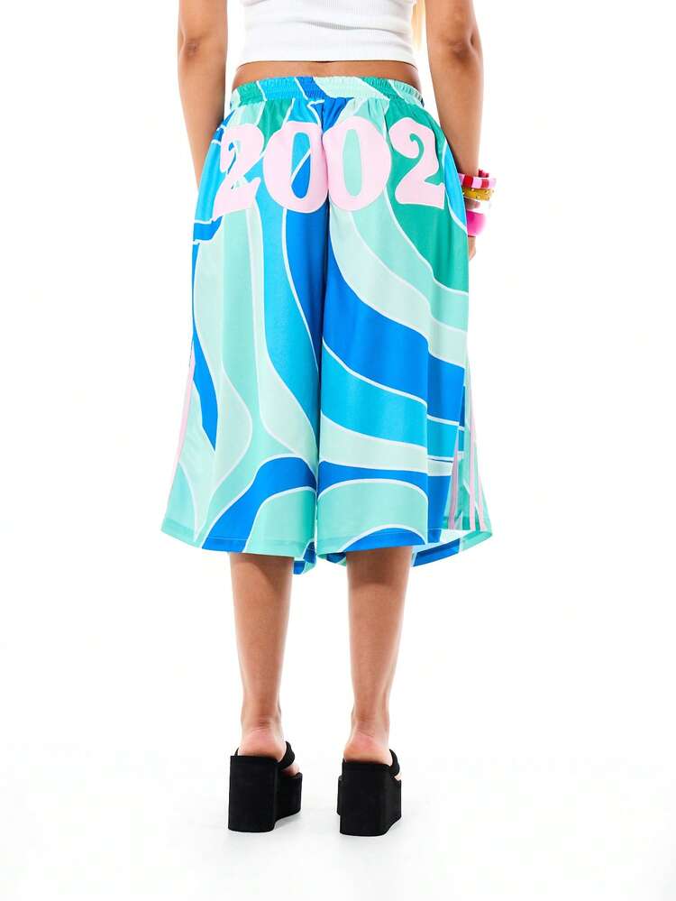 SUMWON WOMEN Y2K Printed Basketball Shorts Wide Leg Graphic Summer Casual Sports Inspired Streetwear High Waist Beach Vacation Ocean Wave Pattern Flowing Statement Shorts