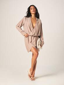 MISSGUIDED Striped Wrap Mini Dress With V-Neck Long Sleeves Casual Tie Detail Fall Winter - Coffee - View 3