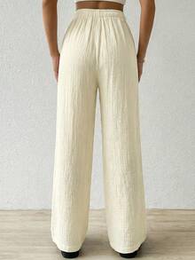 SHEIN EZwear 女士纯色抽绳腰带口袋休闲百搭阔腿裤，适合日常穿着 - 奶油色 - 查看 2