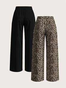 SHEIN PETITE 2 chiếc quần ống rộng nữ màu đen và họa tiết da báo mới. - Nhiều màu - Xem 2
