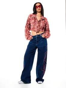 SUMWON WOMEN Wide Leg Low Rise Denim Jeans With Red Cursive Miss America Side Print Dark Blue Wash Y2K Style - Dark Wash - View 3