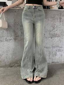 Quần jeans ống loe nữ đa năng, kiểu dáng thường ngày, có túi. - Màu xanh lam - Xem 7