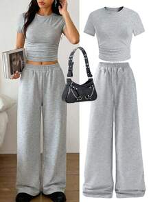 SHEIN Teenager (Female) Casual Basic Versatile Daily Home Spring Summer All Season Undershirt American Sports Street Round Neck Tight Shorts T-Shirt And Loose Pants Sweatpants Matching Solid Color Knit T-Shirt Set - Grey - View 1