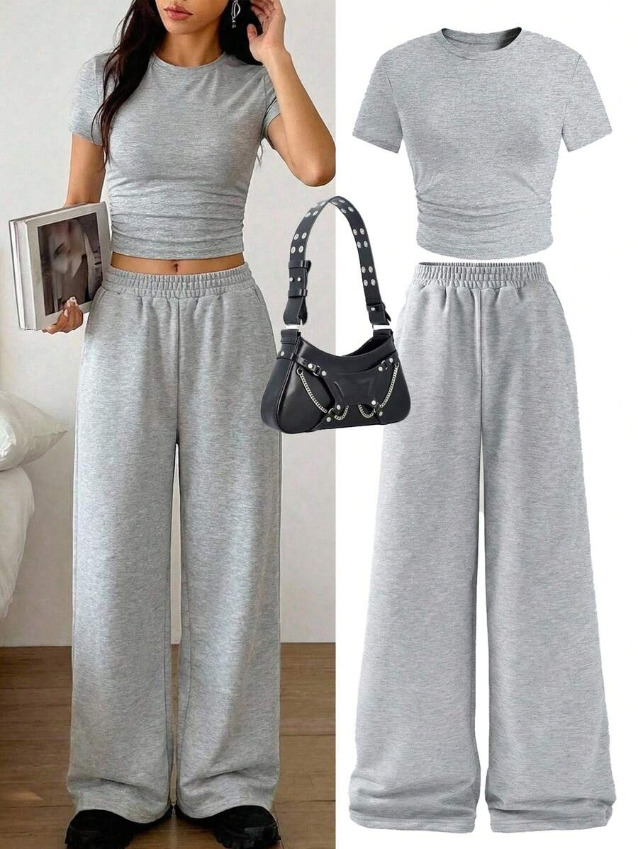 SHEIN Teenager (Female) Casual Basic Versatile Daily Home Spring Summer All Season Undershirt American Sports Street Round Neck Tight Shorts T-Shirt And Loose Pants Sweatpants Matching Solid Color Knit T-Shirt Set - Grey - View 1