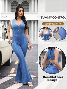 Flexra Women's Button Casual Daily Date Outing Denim Flare Jumpsuit - Blue - View 1