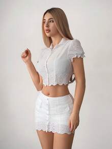 Sweetina 2pcs/Set Women's Petal Sleeve Embroidered Trim Waist Shirt And Bodycon Skirt - White - View 5
