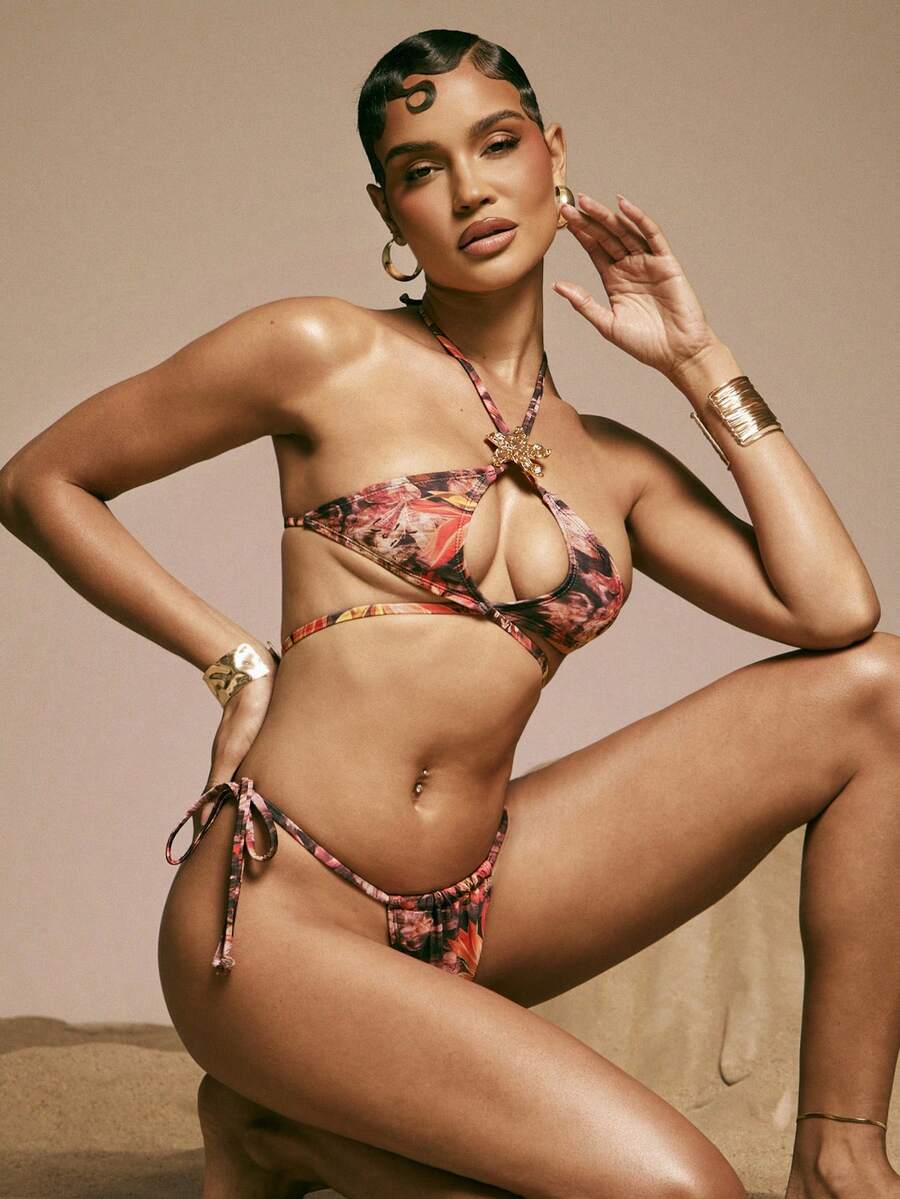 Hauture Top de bikini de tiras con estampado tropical para mujer - Multicolor - Ver 1