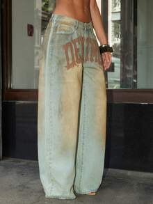 Denimoi Denim Verbiage Washed Straight Leg Jeans Fashionable Streetwear Statement Jeans Washed Jeans - Light Wash - View 4