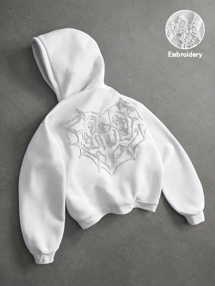 PAVTROS Men's Street-Style Popular Spider Web & Heart 3D Embroidery "LOVE" 3D Embroidery Hoodie, Suitable For Outdoor Music Festivals, Daily Outings, Gatherings With Friends, Gifts For Boyfriend/Husband, Anniversary Gifts, Y2K - White - View 1