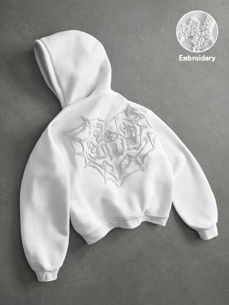 PAVTROS 男士街头风流行蜘蛛网和爱心3D刺绣“LOVE”3D刺绣连帽衫，适合户外音乐节、日常出行、朋友聚会、送给男友/老公的礼物、周年纪念礼物、Y2K风格 - 白色 - 查看 1