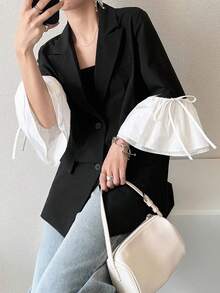 FRIFUL Áo khoác blazer nữ phối màu tương phản, dáng rộng, thoải mái, cổ tay buộc nơ, thích hợp cho mùa xuân/hè. - màu đen - Xem 6