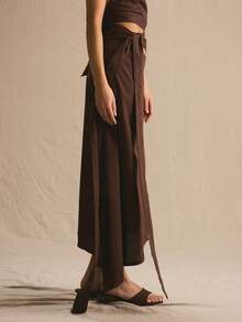 MUSERA 低腰镂空系带不对称飘逸套装半身裙，春夏舒适可爱日常少女度假春季穿搭休闲复活节 Casa De Muse - 巧克力棕 - 查看 3