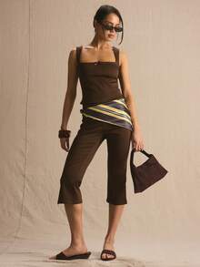 MUSERA Square Neck Bow Thick Strap Co-Ord Crop Top Only Spring Summer Cosy Cute Daily Girly Vacation Sunlight Social - Chocolate Brown - View 5