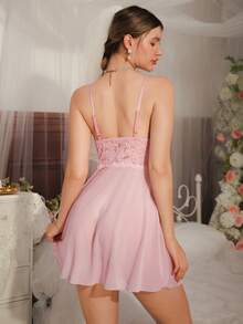 Sexy Lace & Mesh Splice Open Flare Sleeve Mid-Length Robe, Fitted Mini Nightgown Sleepwear Set For Women - Pink - View 5