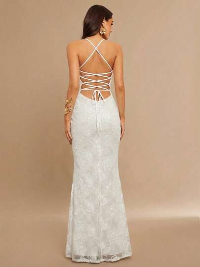 Silquee This Elegant White Jacquard Gown For Women Features A Backless Design With A Tie-Waist And Fitted Waist. It's Suitable For Parties, Weddings, Bridesmaid Attire, Weddings, Beach Vacations, Dates, Outings, Nightclub Parties, Gatherings, Elegant Parties And Dates, Evening Outings, Bridesmaid Dresses, Romantic Dates, Formal Parties, Graduation Ceremonies, Evening Parties, And Club Events.