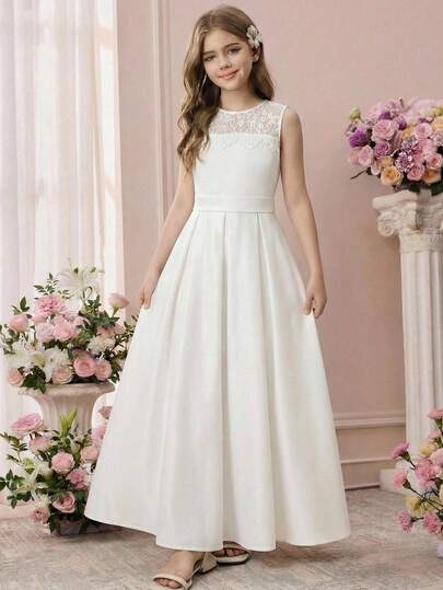 Pitira Tween Girls Elegant Lace Patchwork Bow Party Dress, Suitable For Prom, Wedding, Party And Other Occasions