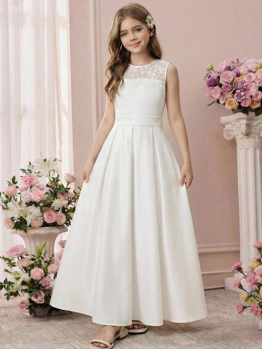 Pitira 少女优雅蕾丝拼接蝴蝶结派对礼服,适合舞会、婚礼、派对及其他场合 - 白色 - 查看 1