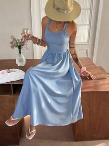 DAZY Women's Summer Backless Denim Dress, Casual Vacation Style - Light Wash - View 4