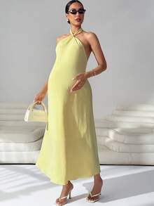 MaterniWear Đầm bầu cổ yếm màu trơn hở lưng buộc dây khoét lỗ thanh lịch cho kỳ nghỉ - Màu vàng - Xem 5