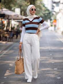 Calvaya 撞色条纹 Polo 领针织上衣，法式街头风格，短袖夏季衬衫 - 咖啡棕 - 查看 3