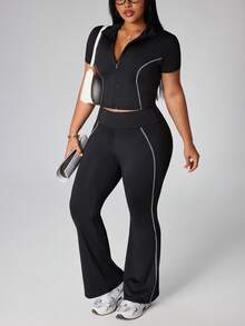 SHEIN Dewbera Women's Plus Size Black Summer Athletic 2pcs Workout Set,Contrast Color Zipper Striped Cropped Short Sleeve Top & Flared Pants Midsize Gym Outfit - Black - View 1