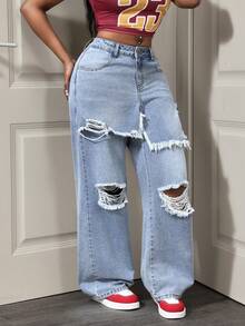 Slaydiva Quần jeans nữ dáng suông, phong cách thường ngày, bạc màu và rách. - Rửa nhẹ - Xem 5