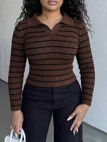 Alexandranx 女式时尚休闲条纹修身套头衫 - 咖啡棕 - 查看 3