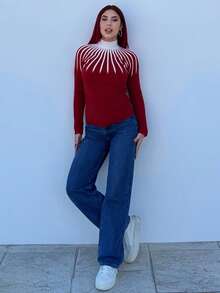 Bearsaez Suéter de manga larga con cuello alto y estampado gráfico - Fiery Red - Ver 5