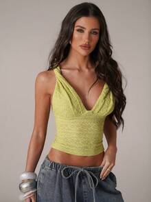SHEIN BAE Damen Lässig Urlaubs Spaghetti-Träger Twist Taille Seitenschlitz Gerafftes grünes strukturiertes Camisole Top, geeignet für Strandurlaub, Schwester Lässig Urlaub, Musikfestival, Lässig Ausflüge, Alltagstragen - Grün - Übersicht 5