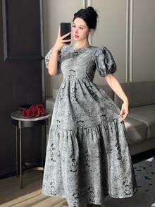 DAZY Vestido Elegante de Verão com Mangas em Pétalas Jacquard para Uso Diário, Vestido de Verão - Preto - Visão 2