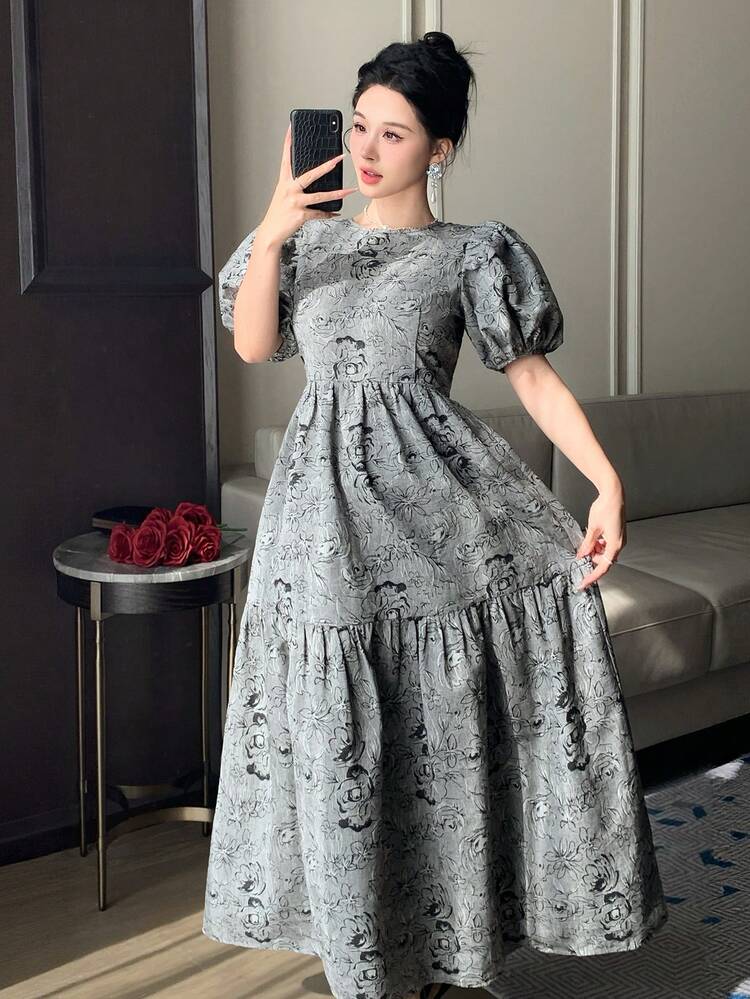 Women's Elegant Commuter Jacquard Petal Sleeve Dress, Summer Sundress