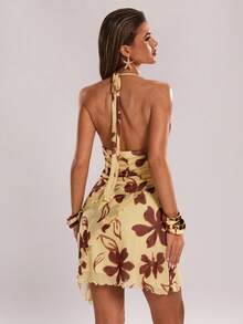 SHEIN BAE Casual Vacation Halter Backless Asymmetrical Hem Dress, Suitable For Spring/Summer Vacation, Sisters' Vacation, Beach Vacation, Beach Travel, Music Festival, Y2K, Sexy Playful Dress, Yellow Floral Dress Sexy Sundress Sexy Sun Dress Flower Dress Woman Hawaii Outfits Women Dress - Yellow - View 2
