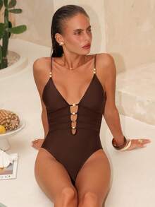 Swim Chiccia Solid Color Elegant Sexy Spaghetti Strap One-Piece Swimsuit For Women - Brown - View 5