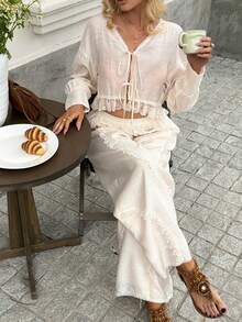 Livesso 2pcs/Set Women's White Lace Patchwork Tie-Up Vacation Outfit Lounge Sets For Women - Apricot - View 6