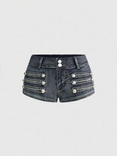 ROMWE Grunge Punk Sexy Rider Metal Button Design Ultra Low Waist Skinny Denim Super Short Shorts