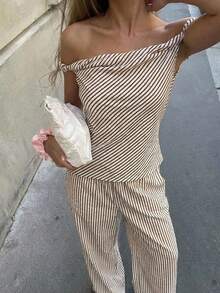 Aloruh Women's Summer 2-Piece Set, Casual Off Shoulder Asymmetrical Striped Top And Relaxed Pants, Commuting Outfit - Brown - View 9