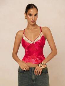 Lumalex 女士时尚度假性感印花亮片吊带背心 - 玫紅色 - 查看 6