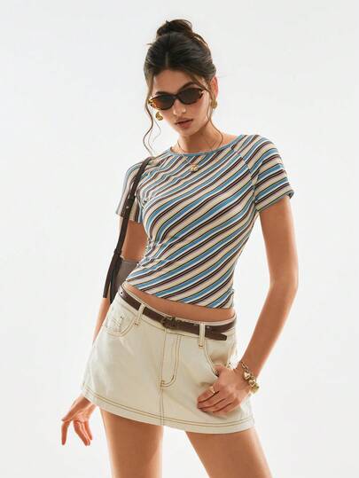 Poéselle Striped Backless Tie Short Sleeve Tee, Y2K Open Back Crop Top, Retro Ribbed Summer T-Shirt For Women,French Rib Knit Round Neck Raglan Sleeve Fitted Striped Cropped Top,Summer,French-Style Top