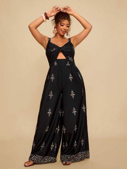 Travachic Plus Size Vacation Chiffon Leopard Print Cutout Front Loose Jumpsuit, Autumn/Winter Bohemian Jumpsuit