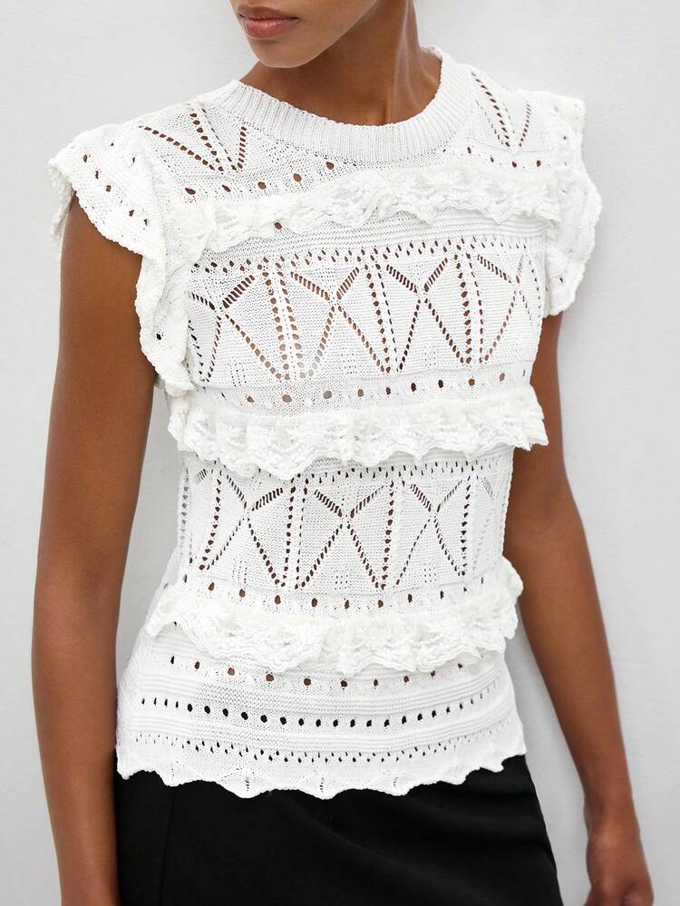SHEIN Maija MAIJA Maglia casual in maglia aperta con scollo a V e senza maniche, con bordo all'uncinetto