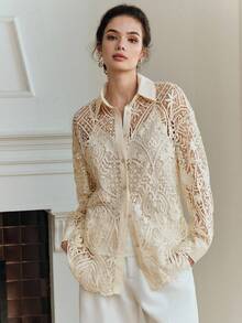 Anewsta Elegant Vacation Water-Soluble Lace Loose Long Sleeve Hollow Out Lace Blouse - Apricot - View 1