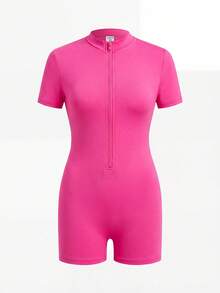 SHEIN Mono de media cremallera con cierre para niñas preadolescentes, color rosa, para volver al colegio o salidas de ocio - Rosa Fucsia - Ver 3