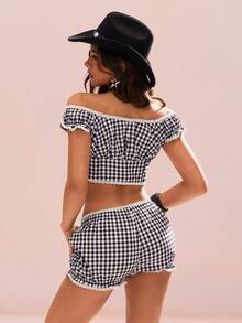 TypaGal 女士格子不对称领口荷叶边上衣和短裤两件套休闲装 - 黑與白 - 查看 2