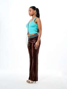 BABYPHAT Turquoise Ribbed Tank Top With Front Lace Up Detail And Rhinestone Embellishments Sleeveless Scoop Neck Summer Festival Top - Green - View 4